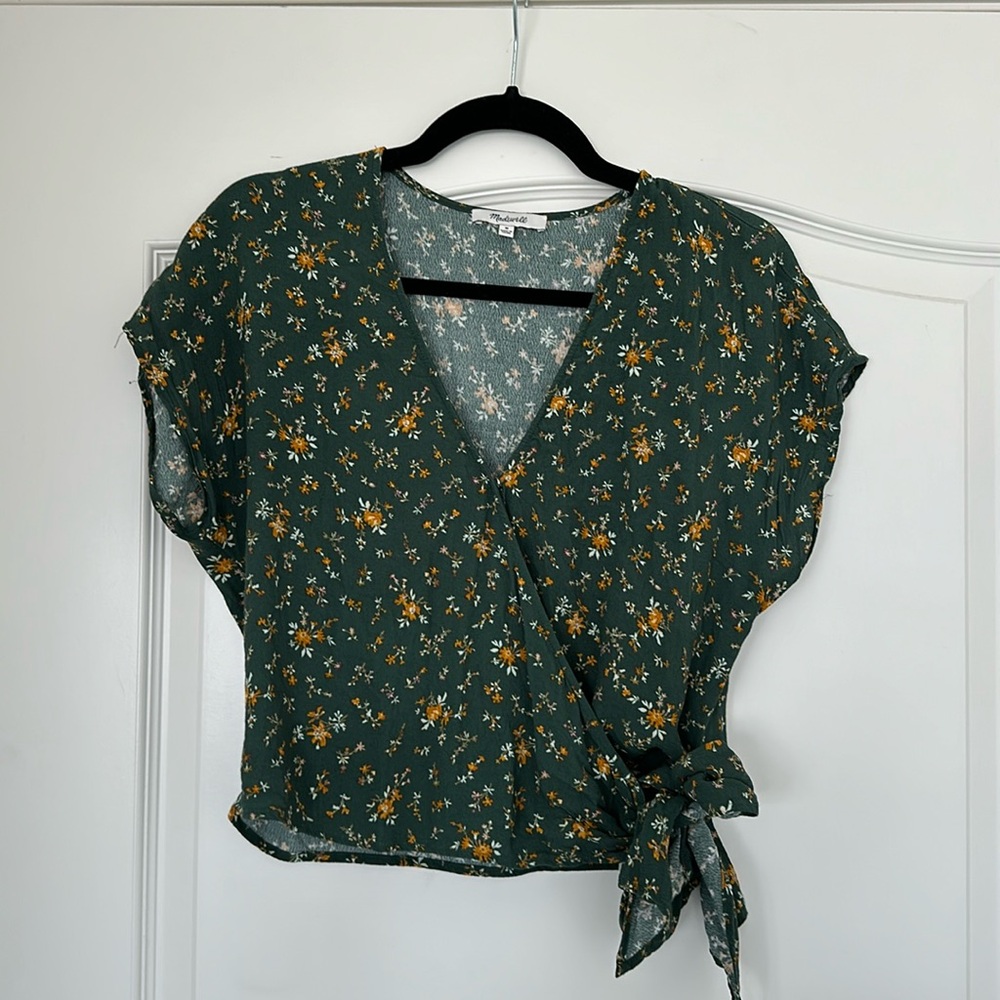 Madewell green wrap short sleeve blouse